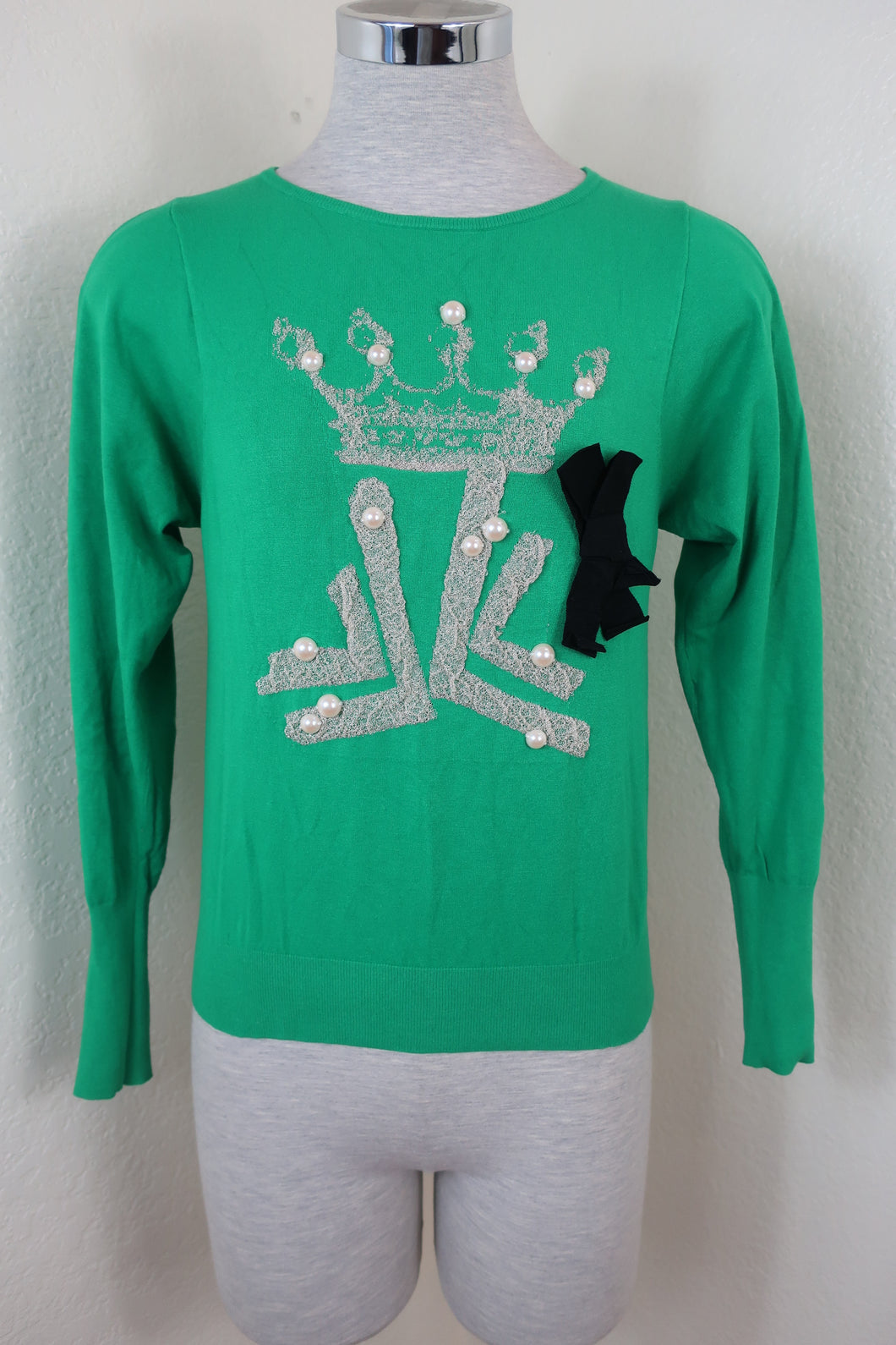 LANVIN En Bleu Embellished JL Logo Green Sweater sz 38 Small 2 3 4
