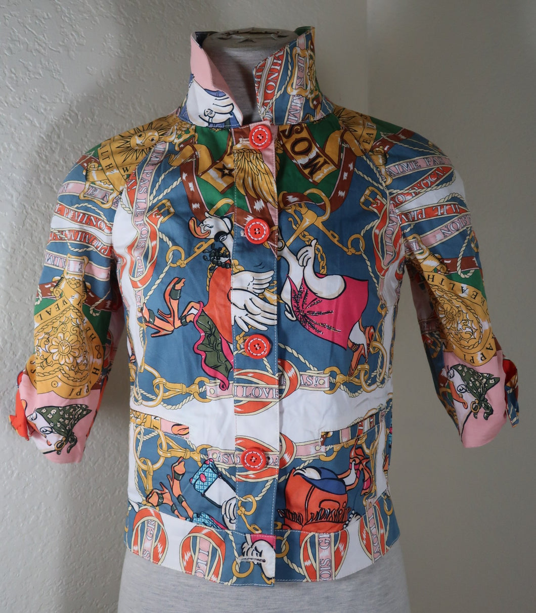 Vintage MOSCHINO Colorful Cotton Happiness Cropped Button Jacket Blazer Small XS 34 0 2
