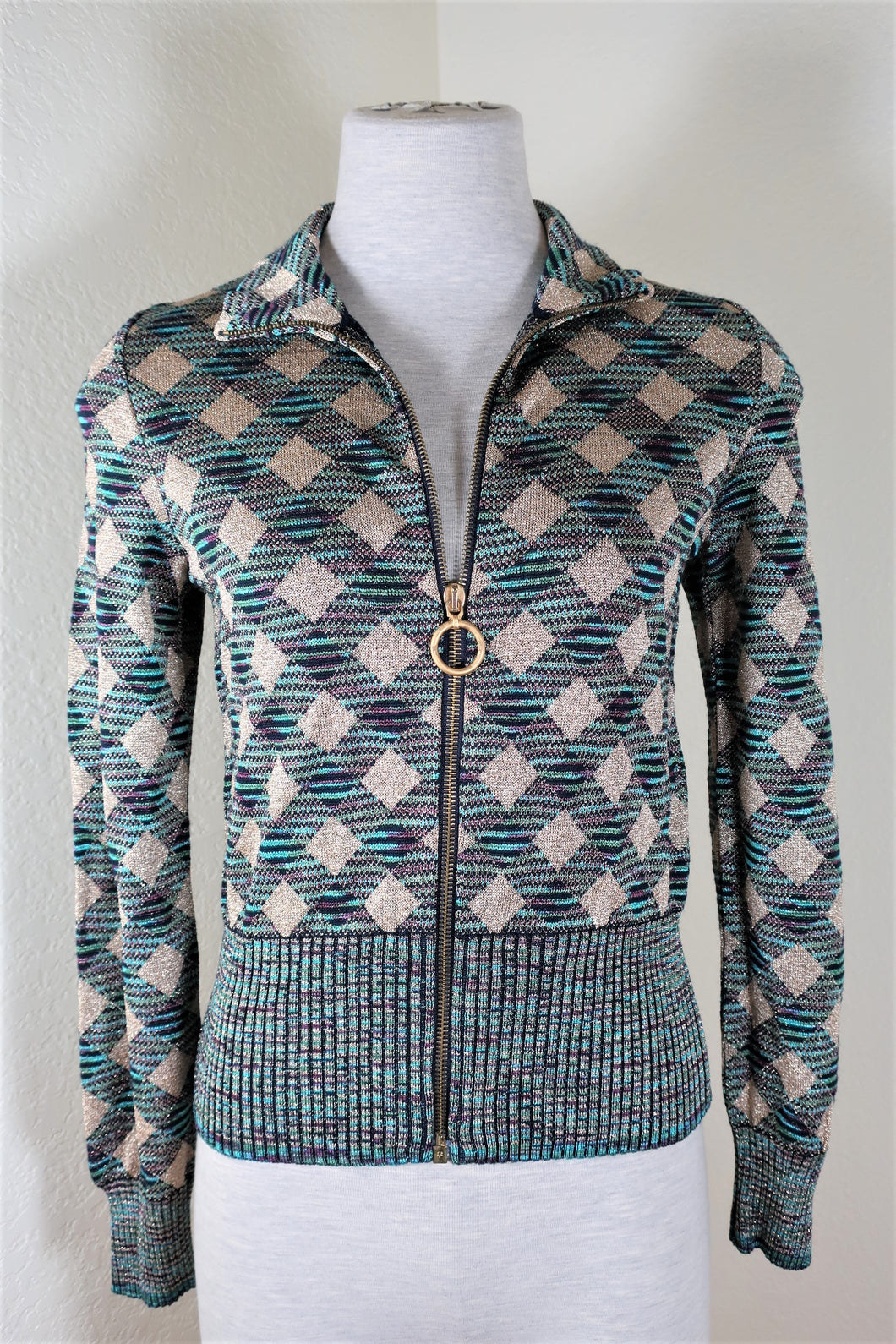 New MISSONI Wool Viscose Glittery Turtle Neck Zip Cardigan Blazer Jacket 40 S M 4 5 6