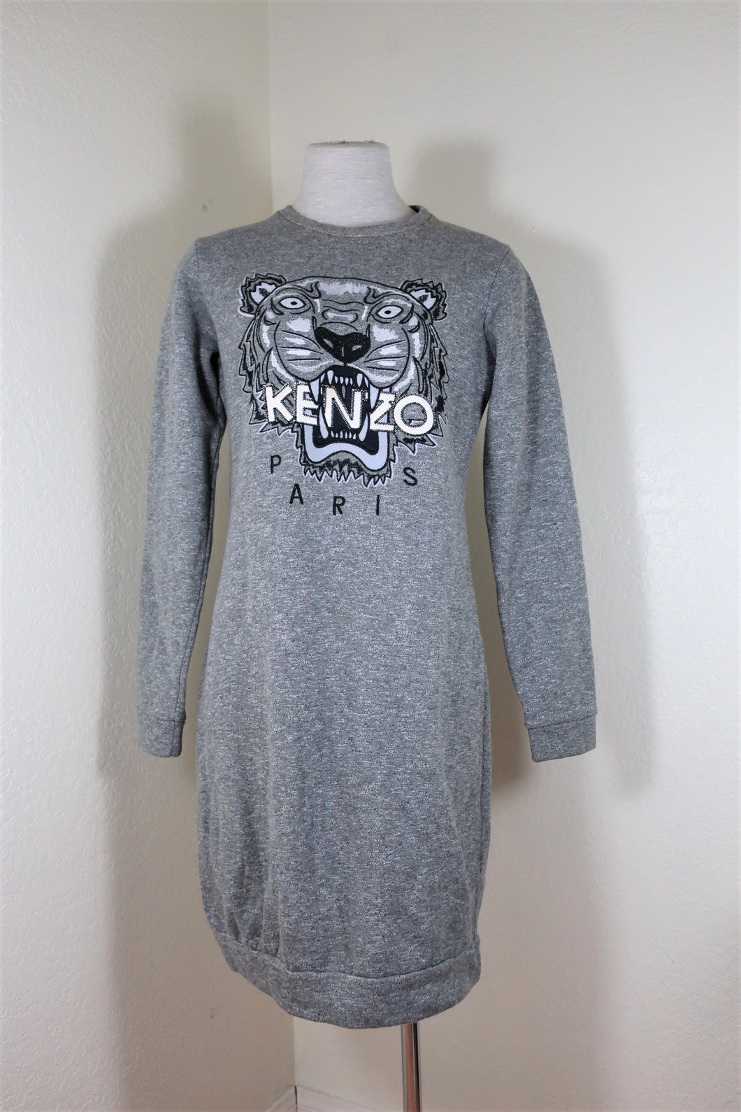 KENZO Grey Cotton Tiger Embroidered Thick Long Sleeve Dress S M 4 5 6