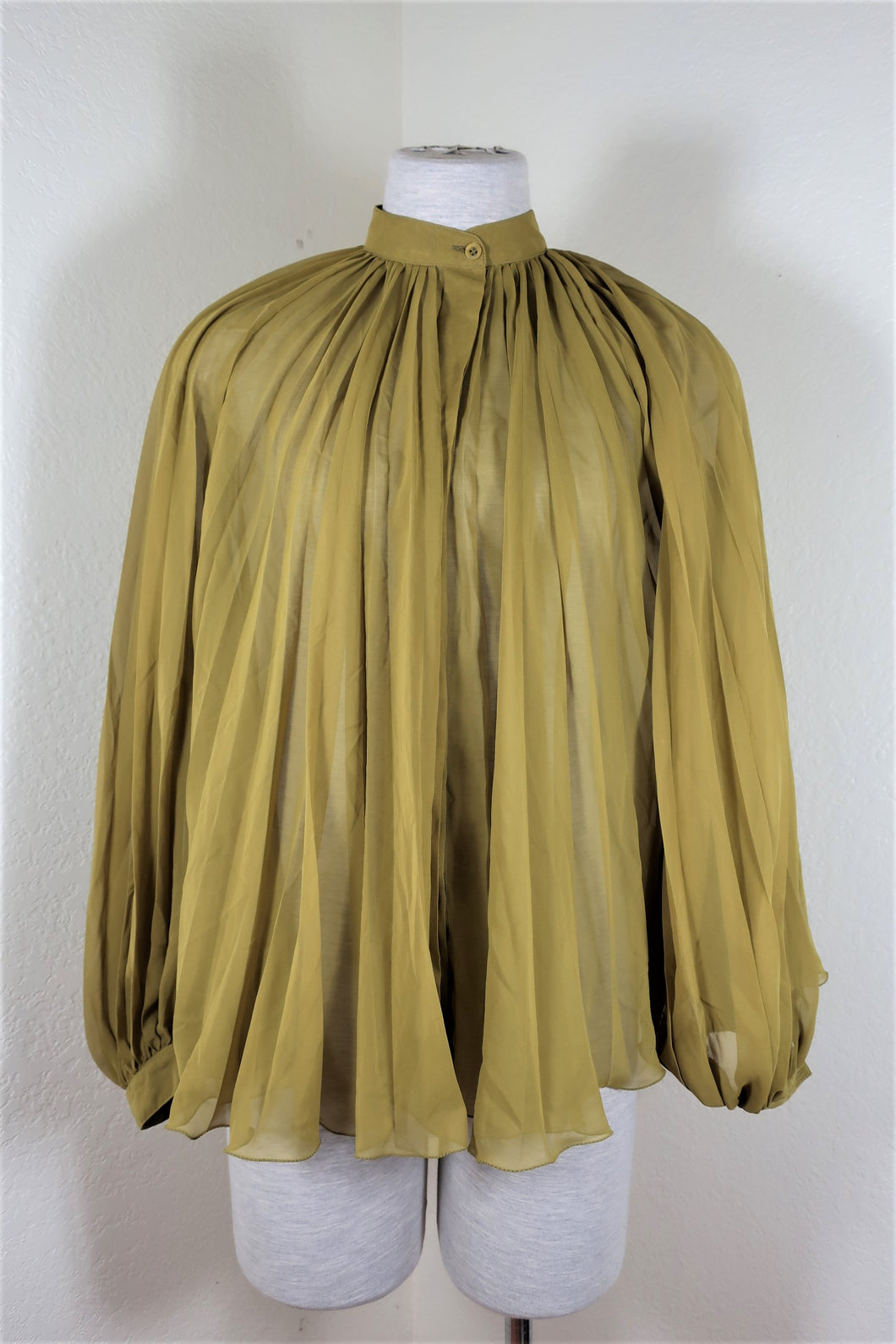 GUCCI Mustard Green Loose Pleated Mesh Long Sleeve Blouse Top Shirt 38 4 5 6
