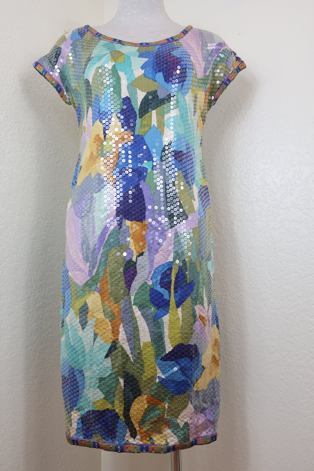 Vintage Rare MISSONI Colorful Short Sleeve Sequins Knitted Silk Dress Small 2 3 4