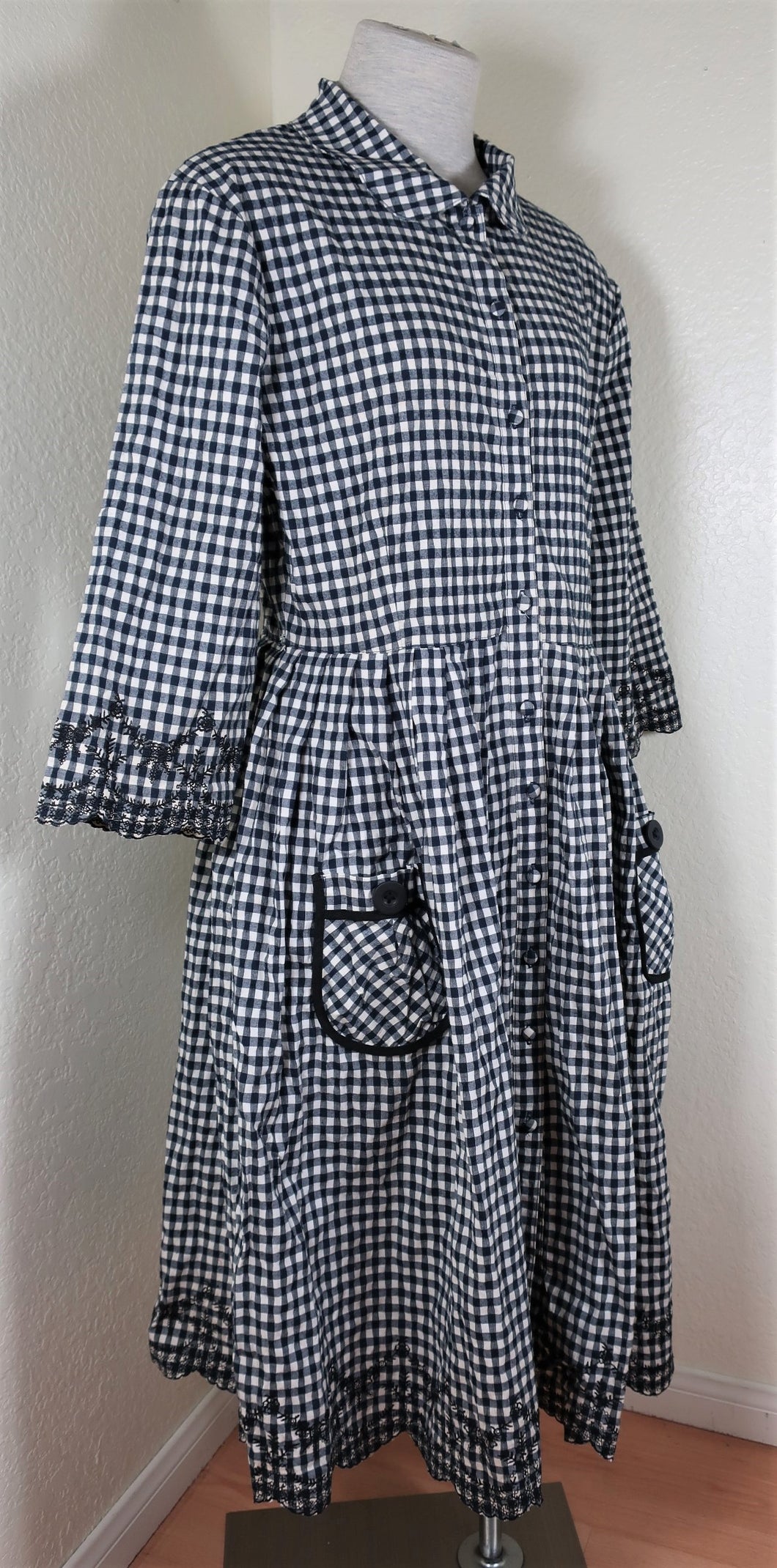 NWT MANOUSH Black White Plaid Embroidered Cotton Long Sleeve Dress M L 7 8 10