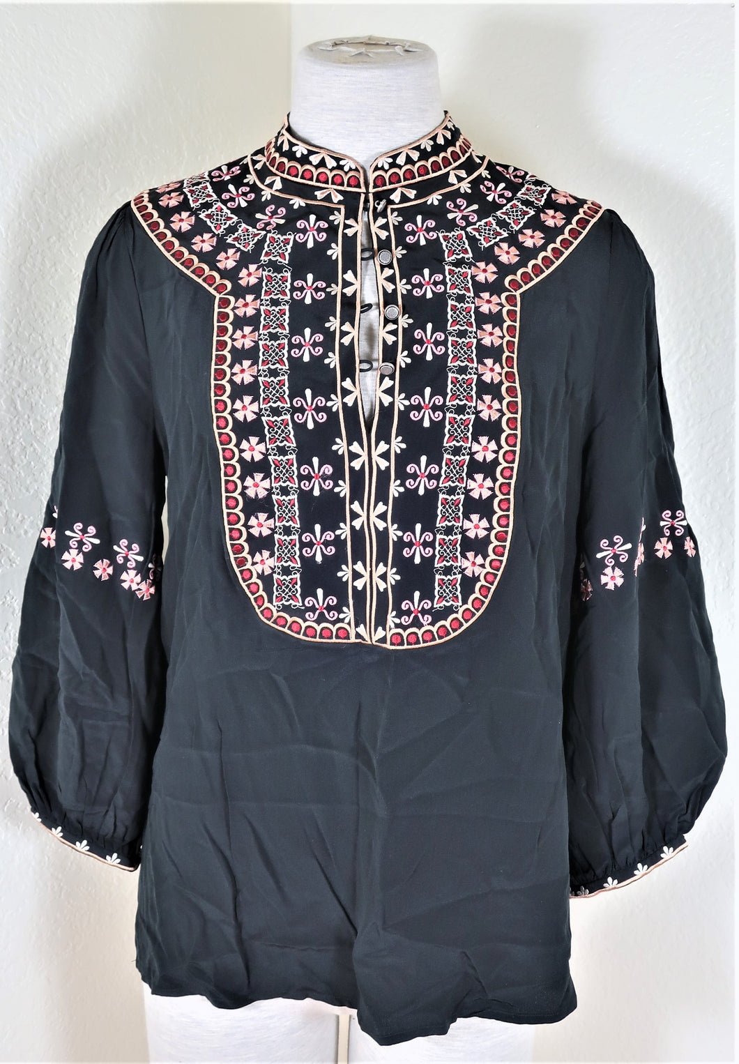 VILSHENKO Black Embroidered Long Sleeve SILK Blouse Top Shirt S M 4 5 6