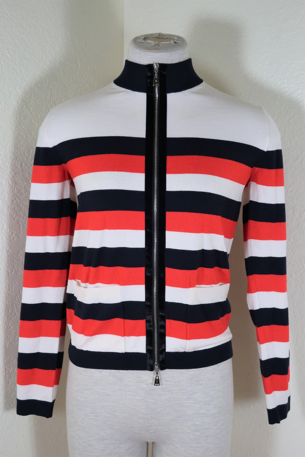 LOUIS VUITTON Red Black Stripes Turtle Neck Wool Zip Sweater Cardigan Jacket XS Small 2 3 4