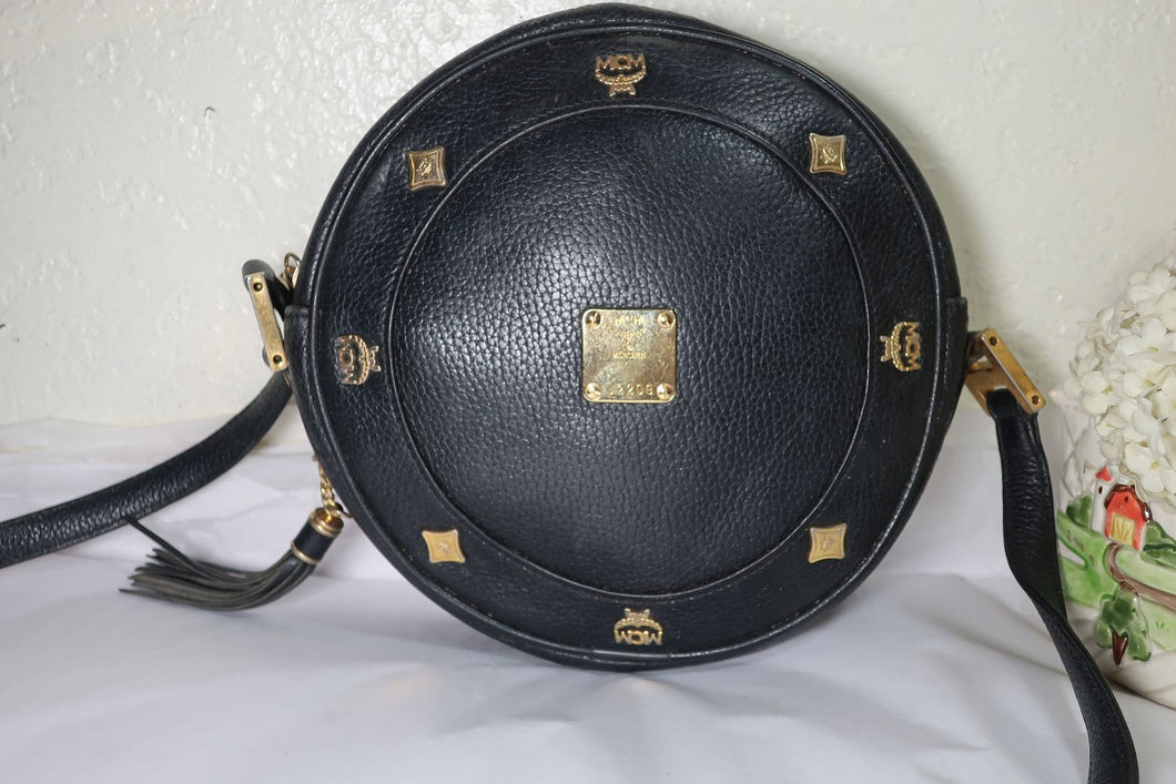 Vintage MCM Michael Cromen Black Leather Round Circle Tassel Shoulder Bag