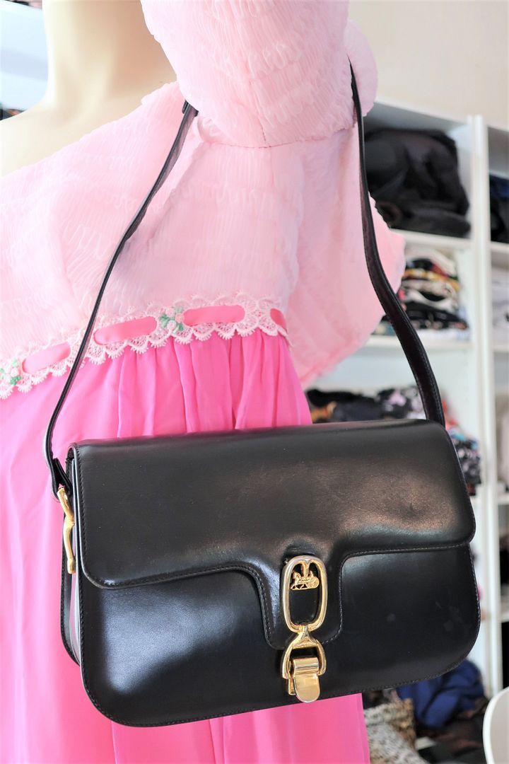 Vintage CELINE Black Calf Skin Leather Rectangle Box Bag Horse Carriege Shoulder Bag
