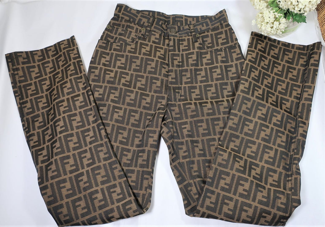 Vintage FENDI FF Monograms Brown Black FF Logo Pants Jeans Small 2 3 4 24 Waist