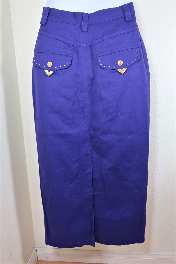 Vintage GIANNI VERSACE Highwaist Jeans COuture Hiphop Sunburst Long Blue Cotton SKirt 30/44 7 8 10