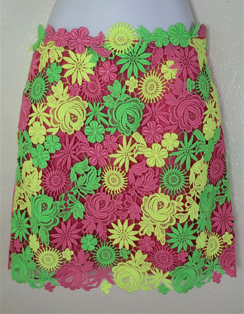 VALENTINO Lace Patches Floral Fluo Guipure Green Yellow Pink Mini Skirt sz 40 4, 5, 6