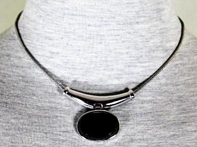 Vintage LANVIN Retro Stylish Silver Black Fancy Choker Necklace Pendant