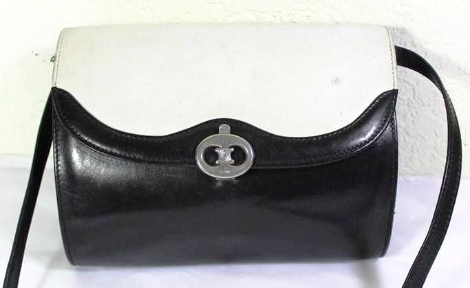 Vintage CELINE Classic Black & White Calf Leather Flat Box Shoulder Sling Bag Italy