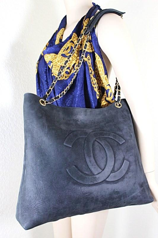 Vintage CHANEL Black CC Logo Smooth Suede Large Shoulder Chain Strap Bag