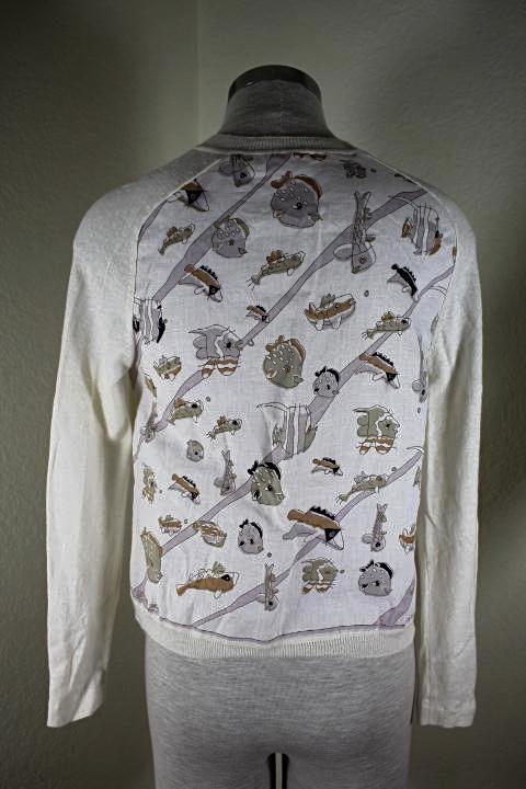 Vintage HERMES White Cashmere & Linen Fish Print Buttons Sweater Jacket Small 3 4 5