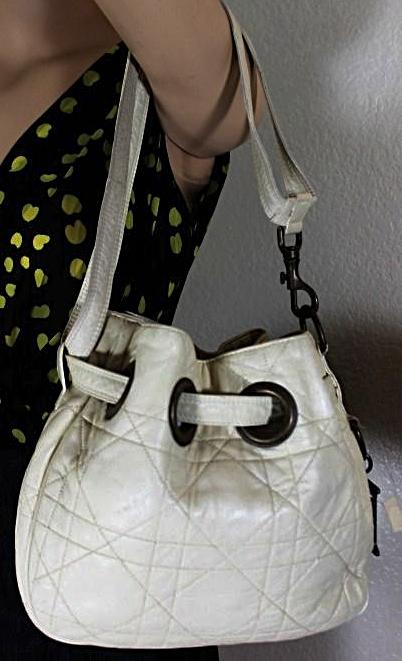 Vintage Christian Dior Drawstring White Cannage Leather Shoulder Bag