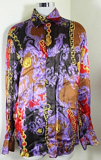 Vintage Versace Jeans Couture Purple Baroque Rayon Long SLeeve Shirt Blouse Top L 7 8 9