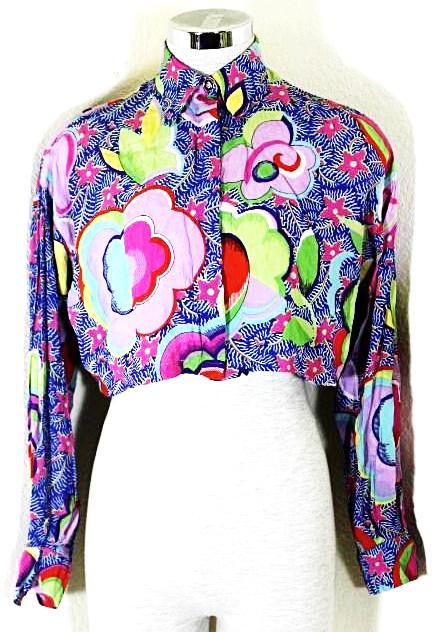Vintage Gianni Versace VERSUS Colorful Cropped Silk Top Blouse Shirt 26 40 Small 2 3 4