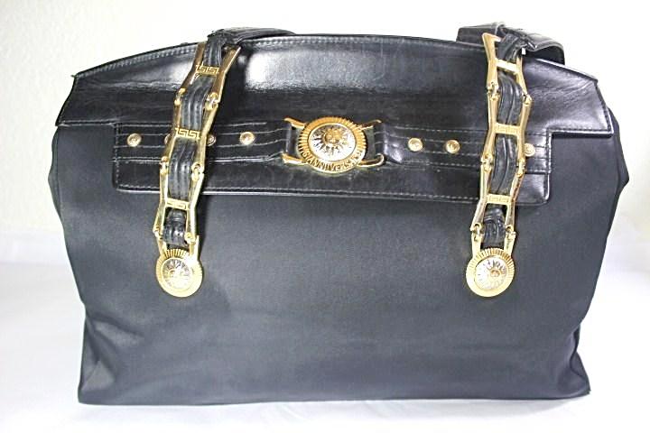 Vintage Gianni Versace Nylon & Leather Sunburst Satchel Shoulder Bag