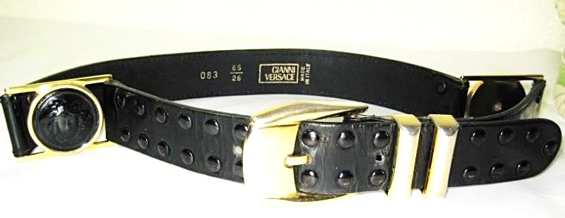 Vintage Gianni VERSACE Black Medusa Face Studded Leather Belt 24 25 26 / 65 Italy