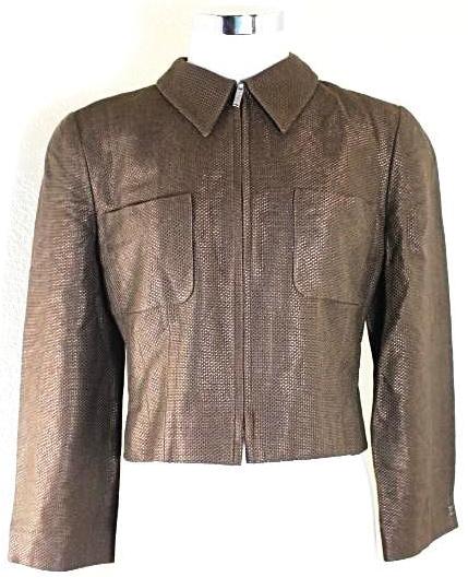 CHANEL Boutique Brown Rayon Cropped Jacket Blazer Metal Chain sz. 38 4 5 6