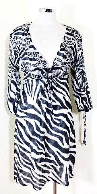 NWT New FENDI Black White Zebra Print Mesh Caftan Cotton Beach Summer Dress 4 5 6 44