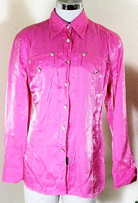 Vintage Gianni VERSACE Pink Longsleeve  Shirt Glittery Diamante Medusa Buttons Small 3 4 5