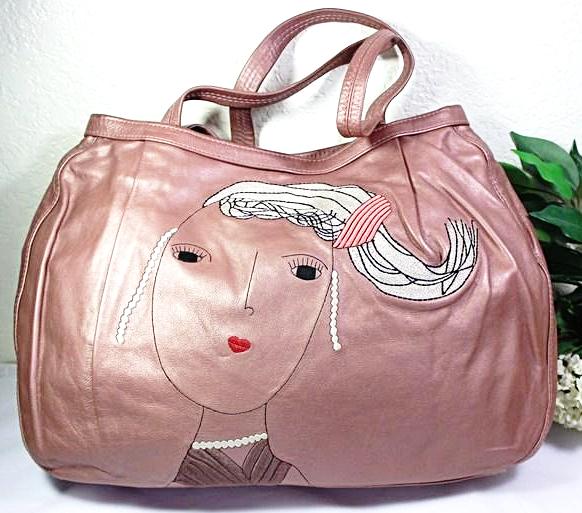 R&Y AUGOUSTI Embroidered Leather Large Tote Shoulder Bag Golden Peach