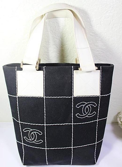CHANEL Small CC Rectangle Quilted Canvas Black White Tote Hand Bag