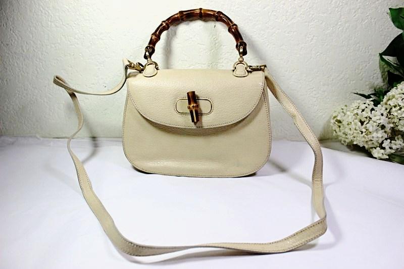 Vintage GUCCI 2 Way Bamboo Handle Boar Leather Beige Nude Tote Hand Bag Shoulder Bag Italy