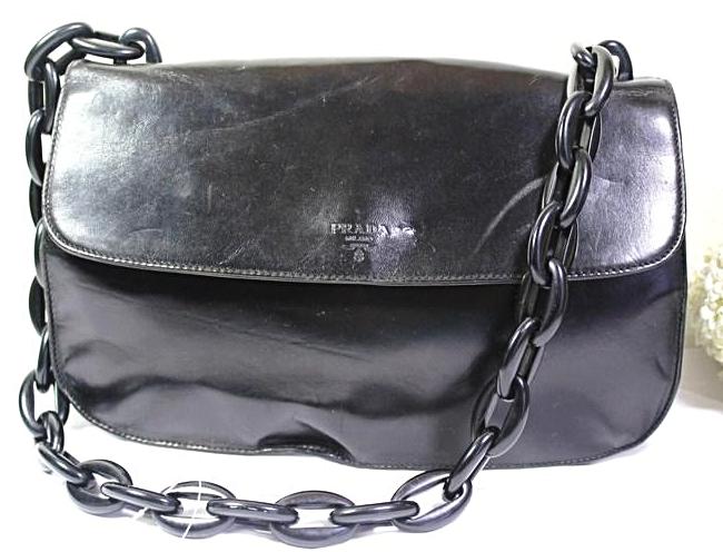 Rare Vintage PRADA Black Leather Chunky Strap Shoulder Bag Italy