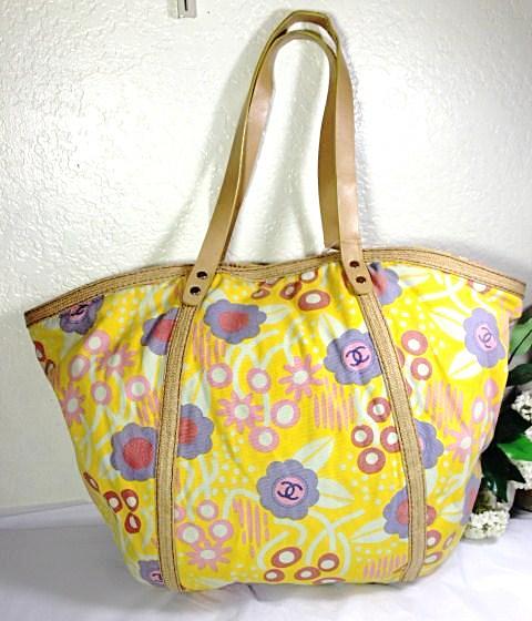 Vintage CHANEL Yellow Floral Canvas Large Tote Shoulder Bag Italy