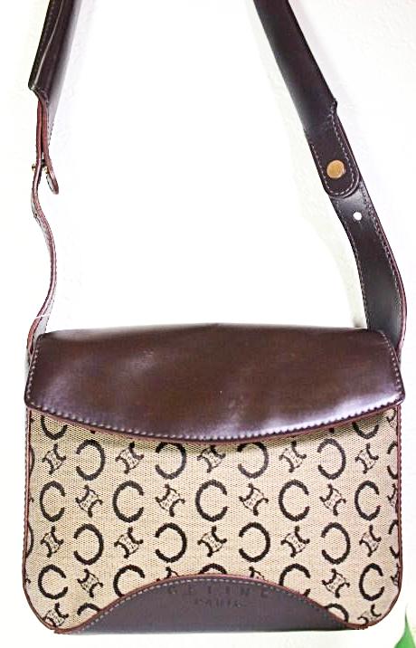 Vintage CELINE Brown Canvas & Leather Small Shoulder Bag Italy