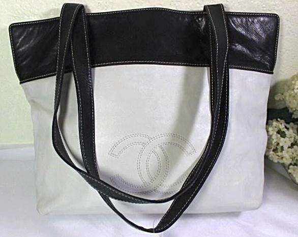 Vintage CHANEL White & Brown Leather Tote Shoulder Bag Italy