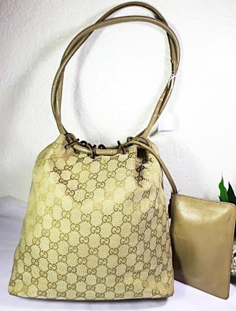 Vintage Gucci GG Monograms Drawstring Canvas & Leather Bucket Draw Top Bag Italy