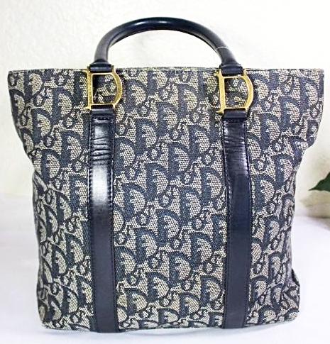 Vintage Christian Dior Navy Blue Dior Monograms Small Tote Handbag Bag